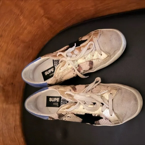 Golden Goose Metallic Gold Snakeskin Print Sneakers with Black Star - Picture 6 of 8